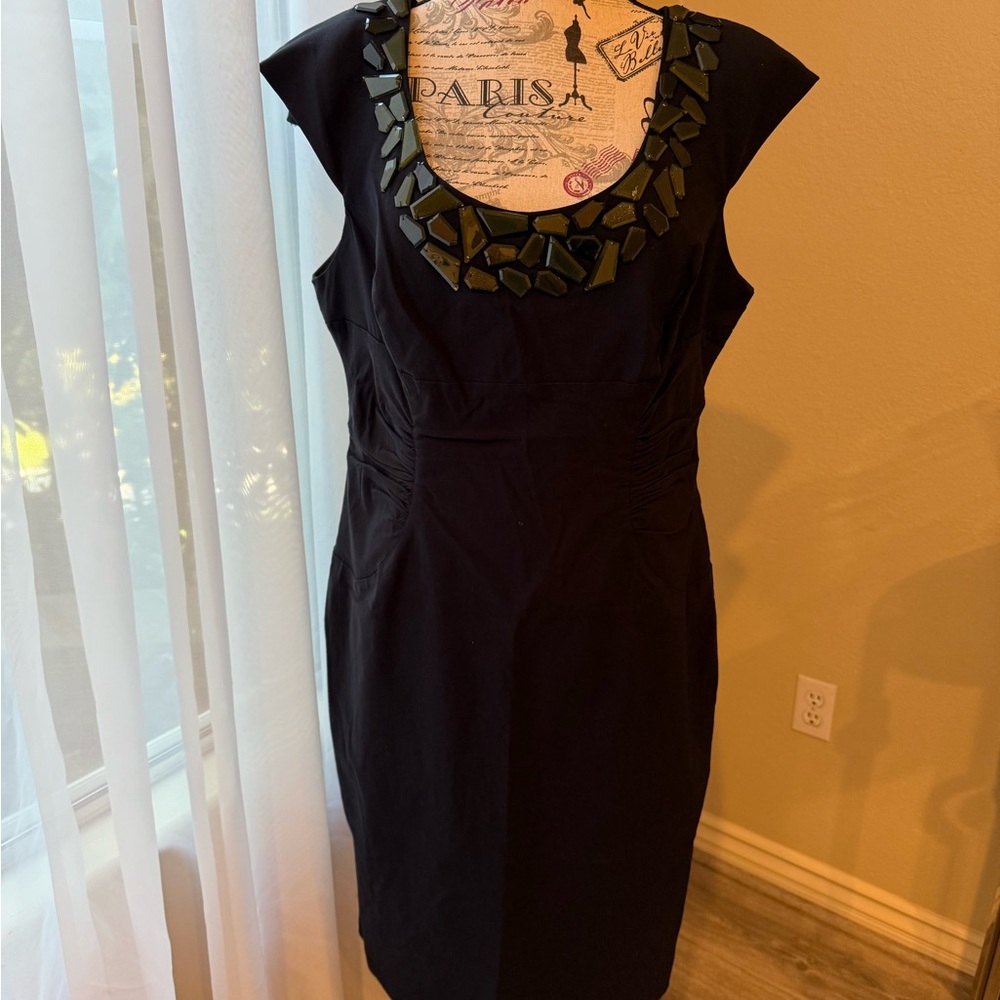 Elegant Dark Blue Dress with Embellished Neckline